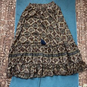 Bohemian Tiered Maxi Skirt in Brown Geo Print